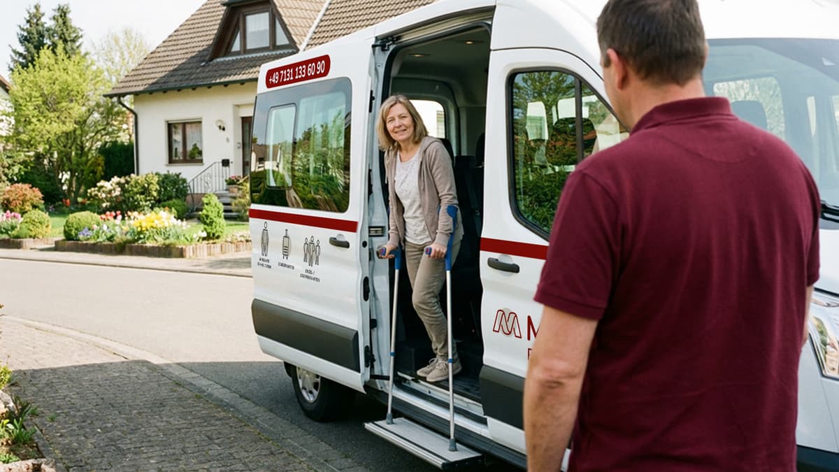 Patientin mit Krücken steigt aus MedMobility Fahrzeug